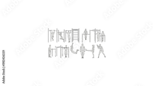 Outdoor Fitness Center Pencil Art Silhouette Vector Set Men Women Exercise Equipment Sketch