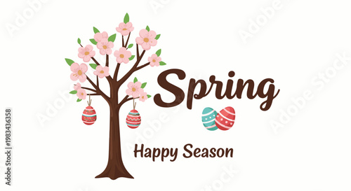 A blooming tree with decorative Easter eggs and text that says "Spring Happy Season
