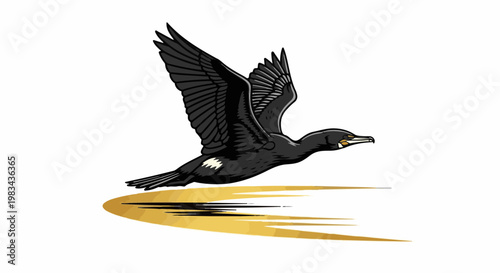 Stylized black bird in mid-flight with golden abstract streaks below