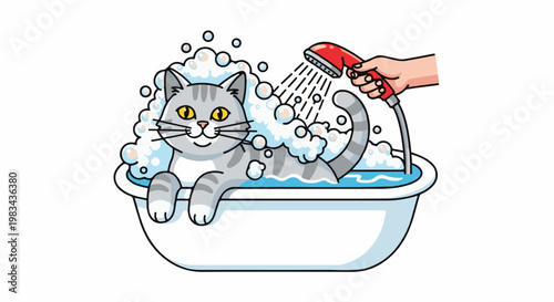 A cartoon cat enjoys a bubble bath with a shower head spraying water