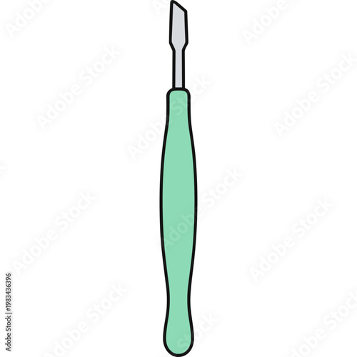 A green handled utility knife with a silver blade is shown upright.