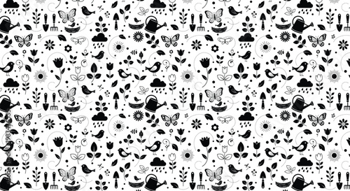 Garden and Nature Seamless Pattern in Black and White