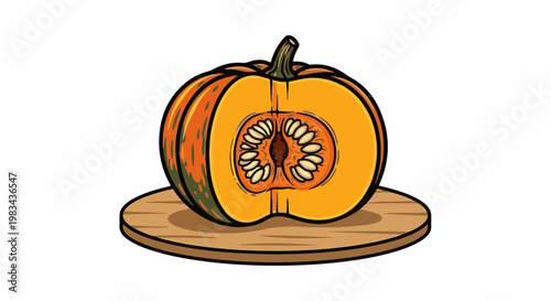 A halved pumpkin displaying its vibrant orange flesh and seeds