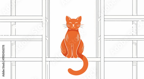 A minimalist orange cat sits perched on a ledge, framed by abstract architectural lines