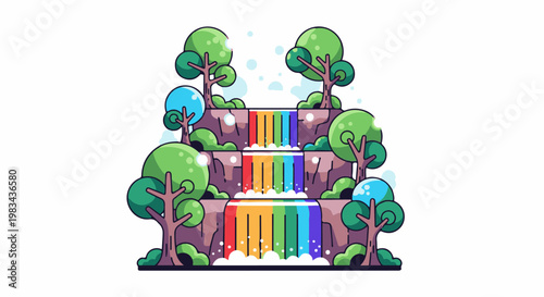 A colorful, multi-tiered waterfall cascades through a stylized forest