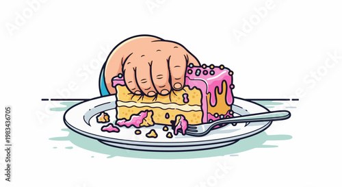 A hand reaches for a messy slice of pink frosted cake on a plate