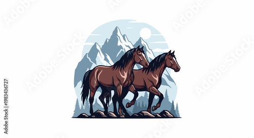Two brown horses walk in a mountainous landscape with snow