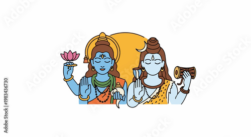 Two blue-skinned figures, one holding a lotus, the other a drum