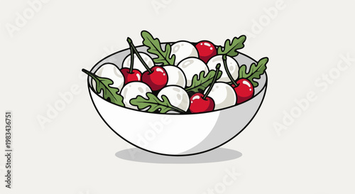 A white bowl filled with white mozzarella balls, red cherries, and green leaves