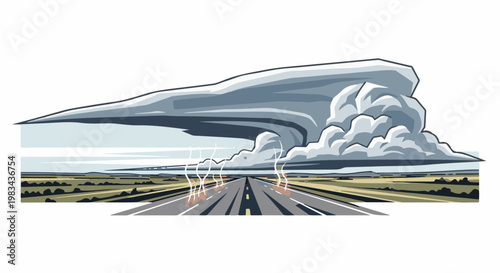 A large, menacing storm cloud looms over a long, empty highway