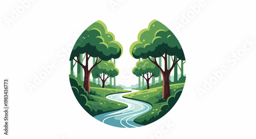A winding river flows through a lush, green forest with trees