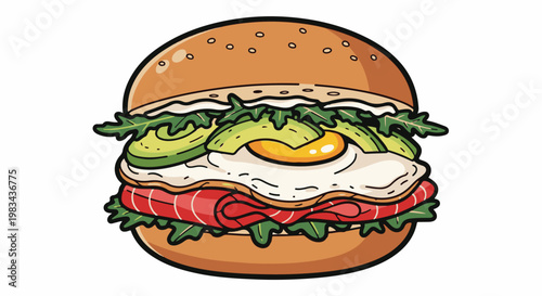 A hearty breakfast sandwich with a bun, greens, avocado, fried egg, and salmon