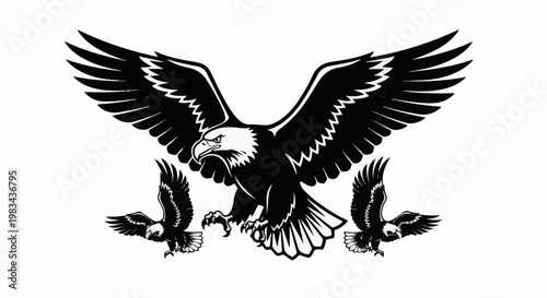 A majestic eagle spreads its wings, with two smaller eagles in flight