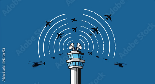 Air traffic control tower directs planes and helicopters through signal waves