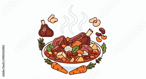 A steaming bowl of hearty stew with meat, beans, carrots, and herbs