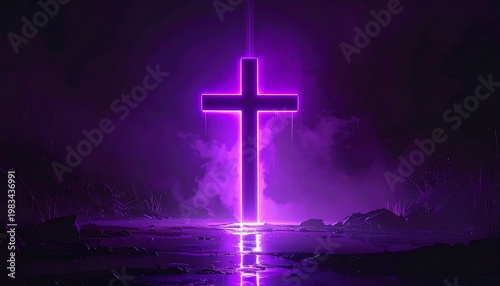 A purple cross shines brightly in a dark, eerie landscape
