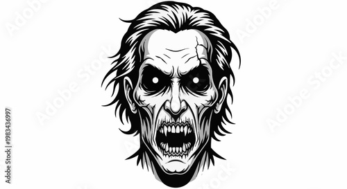 A monochrome, stylized illustration of a frightening, emaciated face with wild hair and sharp teeth