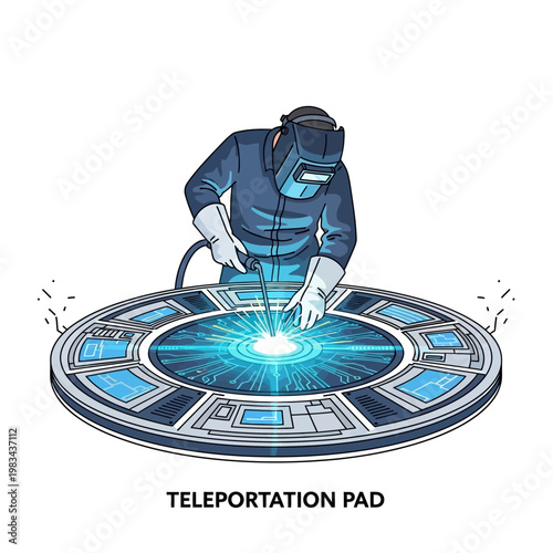 Welder working on futuristic teleportation pad with glowing energy