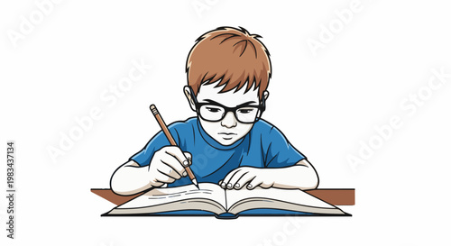 Boy with glasses diligently writing in an open book with a pencil