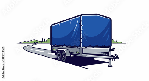 Blue tarp trailer on a winding road with hills