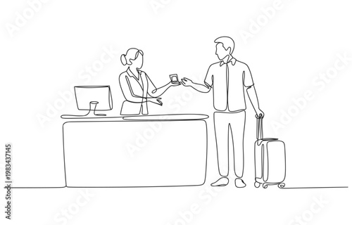 Hotel receptionist handing key card to male guest with suitcase check in front desk line drawing single line receptionist check in suitcase computer employee business accommodation