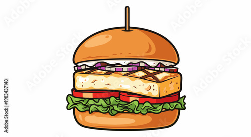 A tall, stylized burger with grilled patty, fresh lettuce, tomato, and onions