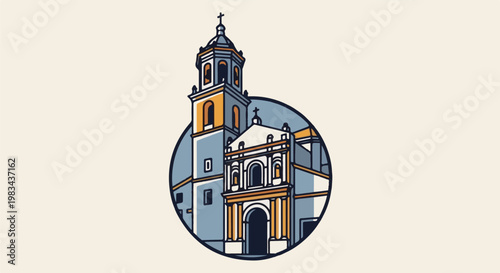 A stylized illustration of a church facade with a bell tower in a circle