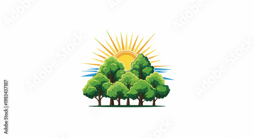 A stylized depiction of a sun rising behind a cluster of green trees