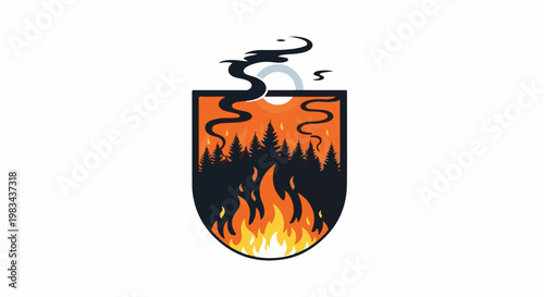 Forest fire depicted within a shield shape, with smoke rising