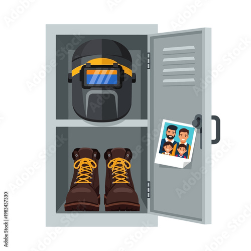 Welder's Locker with Helmet, Boots and Family Photo