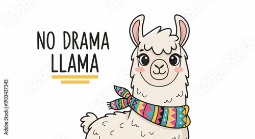 Cute llama wearing a colorful scarf with "No Drama Llama" text