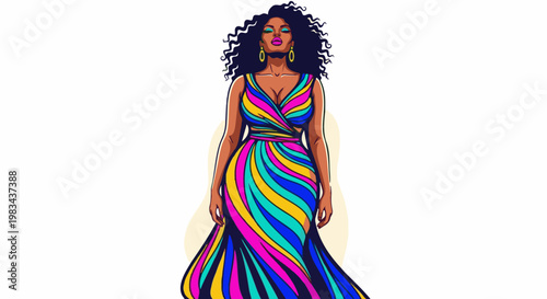 A vibrant, full-body illustration of a woman with dark curly hair and bold makeup