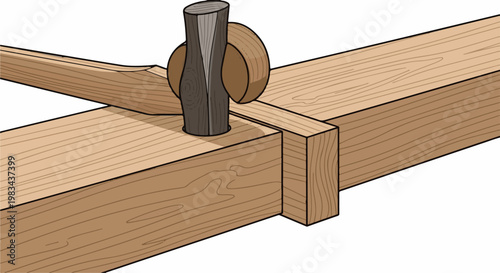 A wooden tool with a rounded head presses down on joining lumber