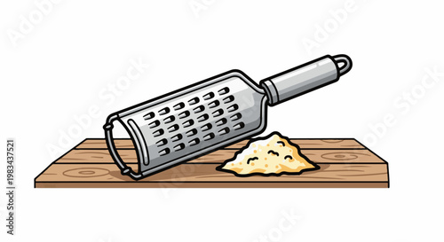 Grated food pile next to a metallic grater on a wooden board