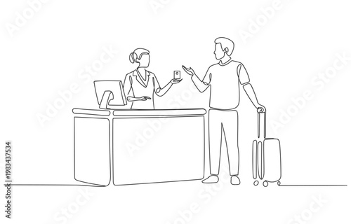 Hotel receptionist handing key card to male guest with suitcase check in front desk line drawing single line receptionist check in suitcase computer employee business accommodation