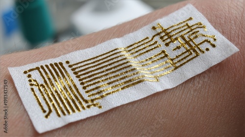 The wearable electronic circuit patch sticks to the skin, showing gold conductive pathways