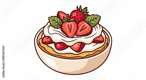 Delicious strawberry dessert with cream and mint in a bowl