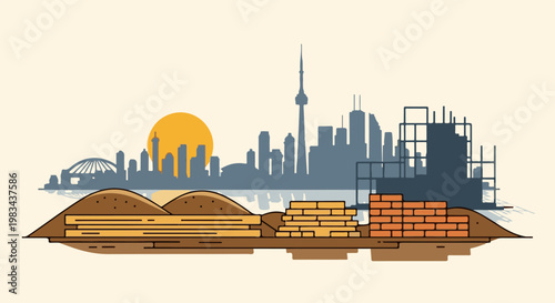 City skyline under construction with sun and building materials