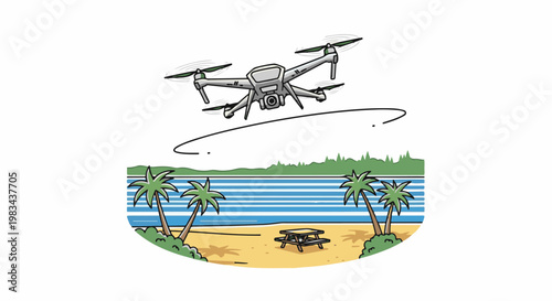 Drone flying over a tropical beach with palm trees and picnic table