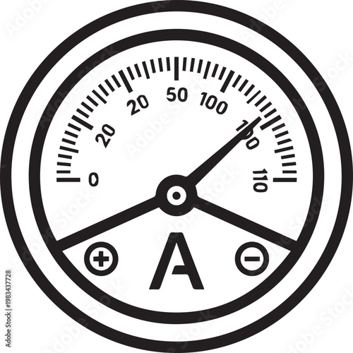 Premium Analog Ammeter Dial Vector Icon for Electrical Engineering, Industrial Automation, Power Systems, HVAC Monitoring, Circuit Design, Technical Documentation, Dashboard UI
