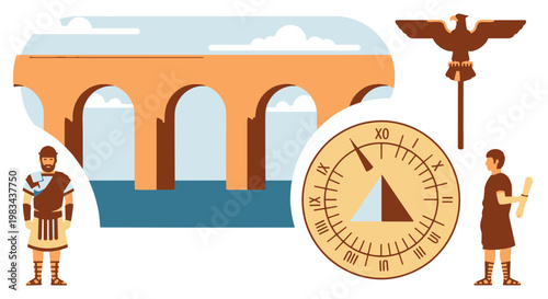 Ancient Roman Empire Scene with Aqueduct Legionary Eagle Standard and Scholar with Scroll