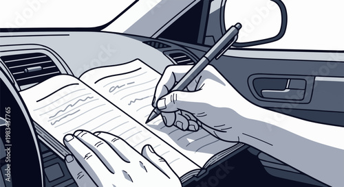 Hands writing in a book inside a car