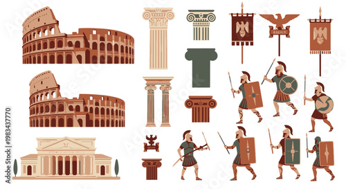 Ancient Roman Empire Soldiers and Architecture Colosseum and Building Exterior