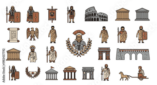 Ancient Roman Empire Soldiers Buildings and Symbols in a Flat Iconic Style
