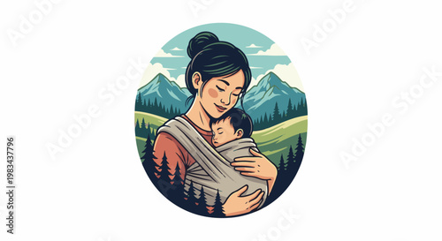 Loving mother embraces sleeping baby in a carrier with mountain and forest background
