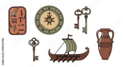 Collection of Ancient Artifacts Including Egyptian Hieroglyphs a Viking Ship Keys and Pottery