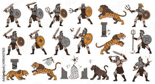 Gladiators Fighting Lions and Tigers in Ancient Roman Empire Arena