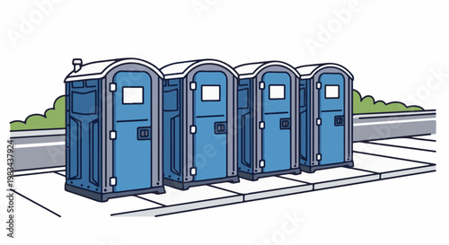 Row of blue portable toilets lined up on sidewalk next to road