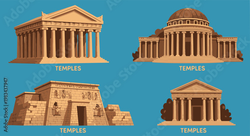 Diverse Ancient Temples Collection Greek Roman and Egyptian Architectural Styles
