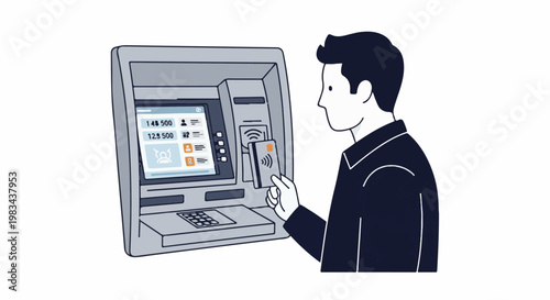Man using a contactless card at an ATM for financial transaction